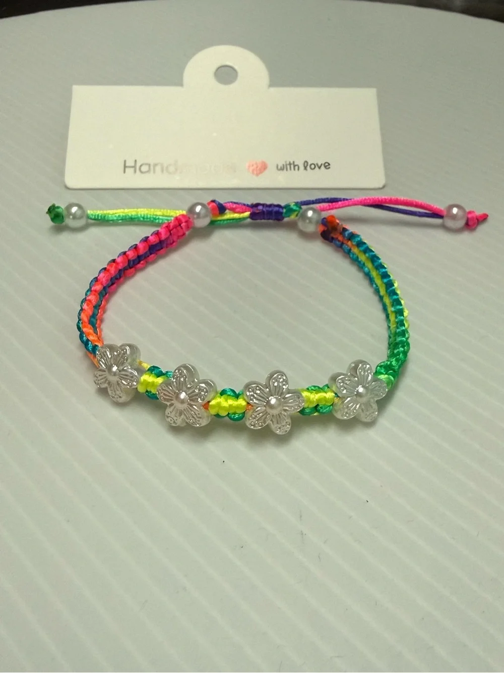 Handmade Multicolor Flower Cord Bracelet with Silver Flowers ajustable